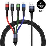 2Pack Multi Charging Cable USAMS Multiple Charger Cord Nylon Braided 10ft/3m 4 in 1 USB Charge Cord with Phone/Type C/Micro USB Connector for Phone/Galaxy S9/S8/S7 and More (3M/10FT)